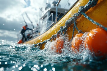 Fototapeta premium Fisherman at work on vibrant yellow boat with orange buoys in ocean waves, showcasing maritime profession dynamics