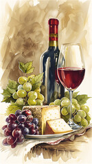 A delightful image of a bottle of fine red wine and a tasting glass and cheese with fresh grapes. All decorated in a rustic, homemade style 