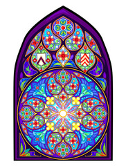 Fantasy drawing of beautiful gothic stained glass window with rose. Gothic architecture in Western Europe. Medieval Architecture in French churches. Hand drawn vector illustration.