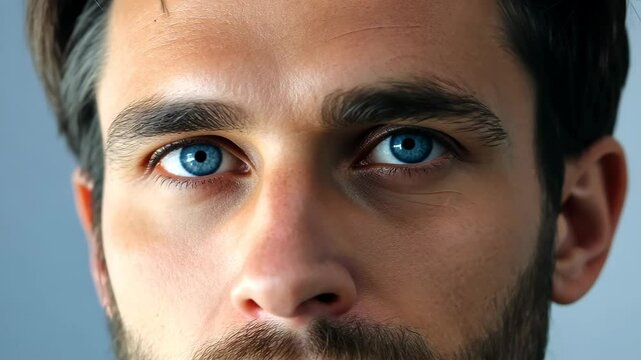 Mesmerizing Gaze: A captivating close-up unveils a man's piercing blue eyes, framed by dark hair and a hint of a beard, drawing the viewer into an intimate moment of profound connection.
