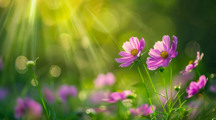 Pink wildflowers blooming in a sunlit field. A serene nature scene capturing the warmth of spring and the gentle glow of golden sunlight.