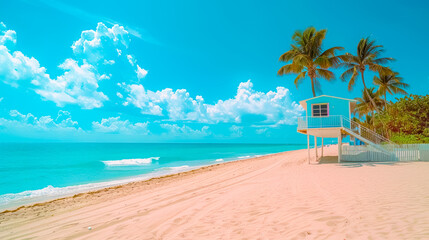 A pristine tropical beach with turquoise waters and a lifeguard tower under a bright blue sky. Pure relaxation and summer vibes.