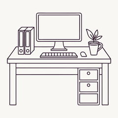Minimalist desk setup illustration with computer, plant, and office supplies outline