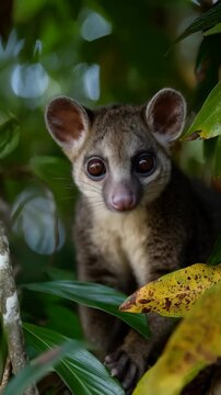 Close-up portrait of a cute cuscus nestled amongst lush green foliage, revealing its big brown eyes and speckled fur in its natural habitat