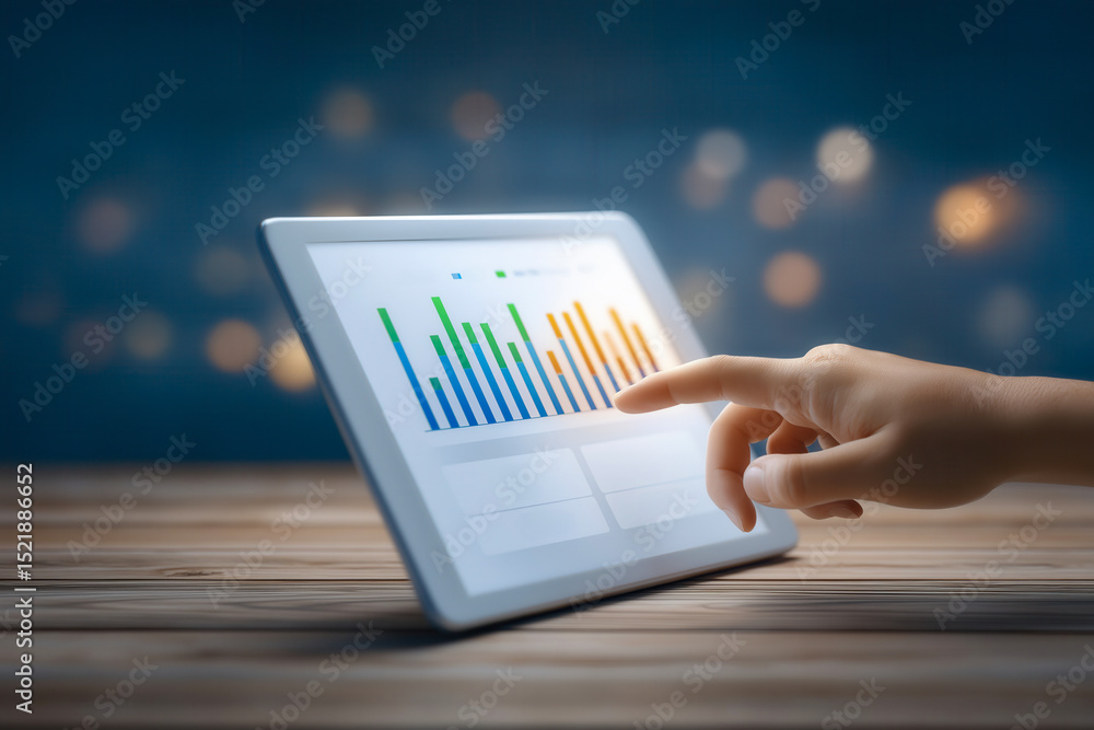 Aufkleber finger swiping across tablet showcasing colorful analytics dashboard with soft blurred background. c