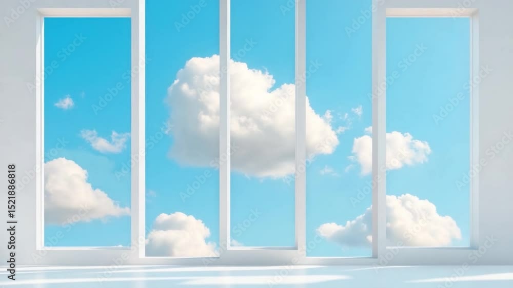 Poster window to heaven: a serene image of a large window framing a vibrant blue sky filled with fluffy whi