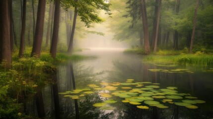 Obraz premium A tranquil forest scene showing a misty lake and its reflections