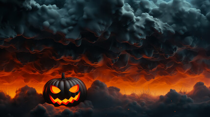 A glowing Halloween pumpkin floats ominously among dark storm clouds and a fiery orange sky. The surreal atmosphere evokes mystery, horror, and Halloween spirit.