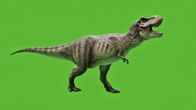 Realistic 3D Tyrannosaurus Rex dinosaur roaring isolated on a bright green screen background suitable for chroma key use	