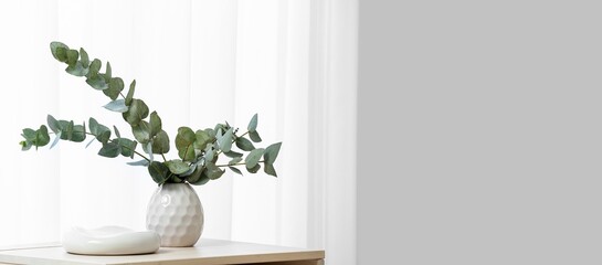 Vase with eucalyptus branches on table in light living room. Banner for design