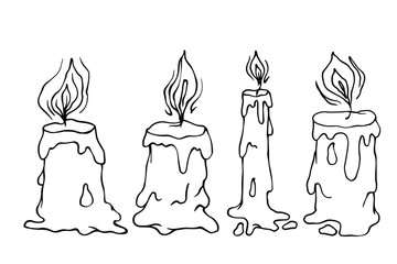 Set of linear sketches, contours of burning wax candles. Vector graphics.