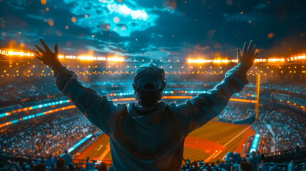 A man raises his arms in excitement at a brightly lit stadium during a night sports event. The scene captures passion, triumph, and the electrifying energy of a live match.