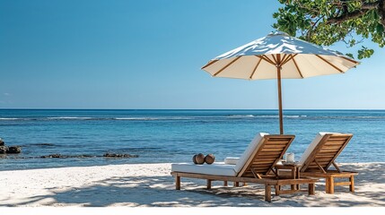 Tropical Beach with Sun Loungers and Umbrella &ndash; Relaxing Seaside Vacation Scene