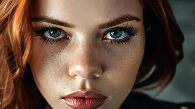 Captivating Gaze: An intimate portrait of a woman with striking blue eyes and vibrant red hair, her focused look draws you into the depths of her story.