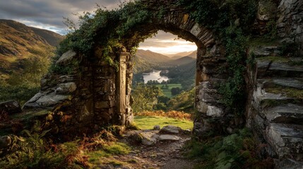 Obraz premium Ancient stone archway, weathered and covered in moss and vines, opening onto a breathtaking, sun-drenched valley.