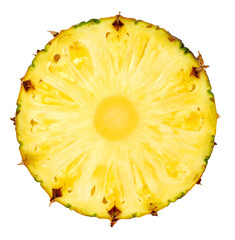 Sliced pineapple showing its texture and vivid yellow color on white background