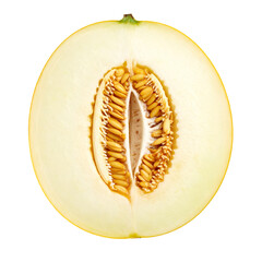 Half of honeydew melon showing seeds and flesh on white background