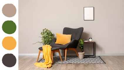 Interior of living room with armchair, ottoman and plants. Different color patterns