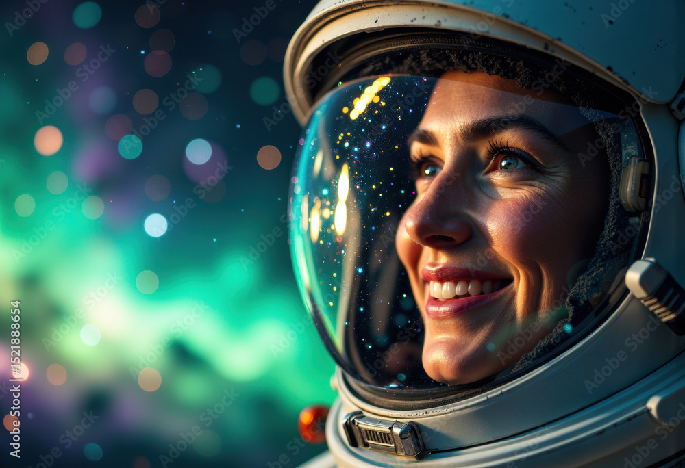 Poster female astronaut smiling in space helmet with colorful bokeh background