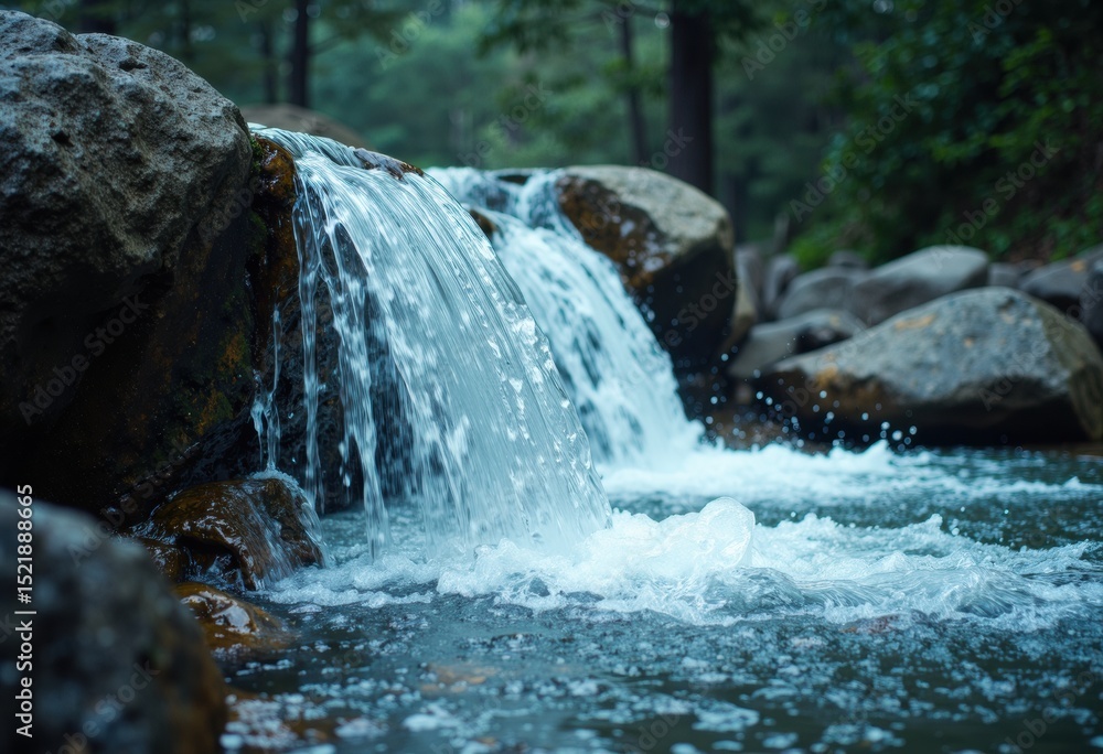 Poster tranquil stream with small waterfall flowing over rocks in a lush forest setting