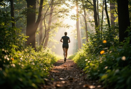 A woman jogging through a sunlit forest path surrounded by greenery