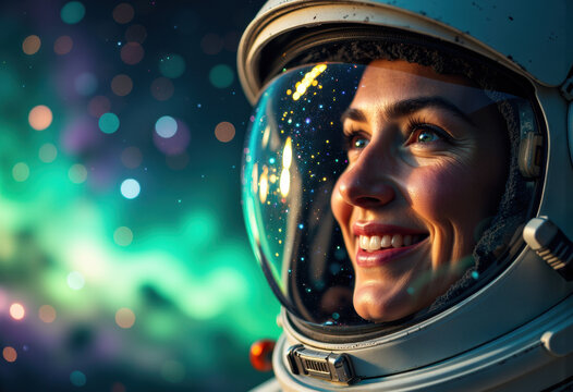 Female astronaut smiling in space helmet with colorful bokeh background