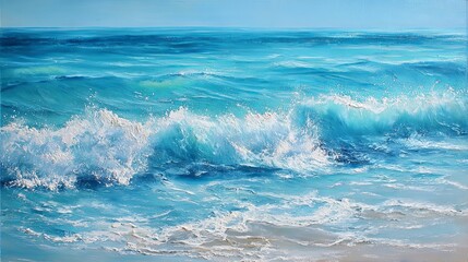 Fototapeta premium Peaceful ocean wave with gentle flowing brushstrokes in soft oil painting style, evoking calmness and tranquility, perfect for relaxation, meditation and art therapy use.