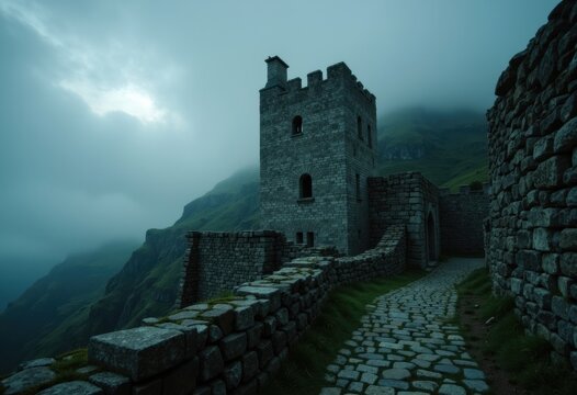 Medieval stone castle on a misty mountain pathway under cloudy sky