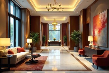 Fototapeta premium Luxurious hotel lobby interior with plush seating, elegant lighting, and modern artwork Grand entrance with high ceilings and marble flooring creates a welcoming atmosphere , open plan, ceiling