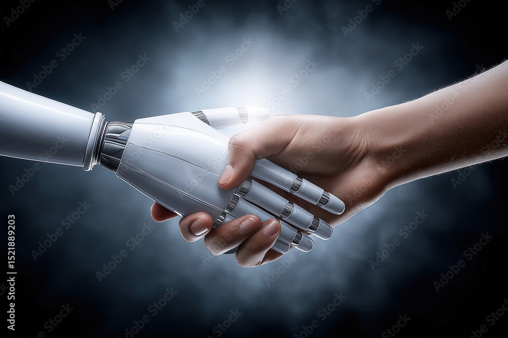 Poster robotic hand shakes human hand in a photo-realistic style with dark background and spotlight on hand