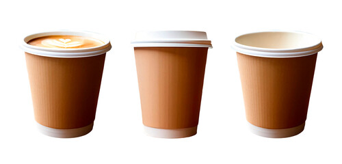 Copos de café de papel com lateral marrom, cheio de cappuccino, tampado e copo vazio destampado