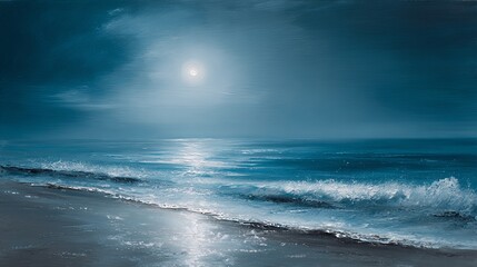 Tranquil moonlit beach with gentle waves and smooth reflective brushstrokes in calming oil painting style, capturing peaceful night seascape with serene ambiance and soft coastal light.

