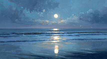 Tranquil moonlit beach with gentle waves and smooth reflective brushstrokes in calming oil painting style, capturing peaceful night seascape with serene ambiance and soft coastal light.

