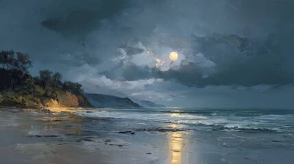 Tranquil moonlit beach with gentle waves and smooth reflective brushstrokes in calming oil painting style, capturing peaceful night seascape with serene ambiance and soft coastal light.

