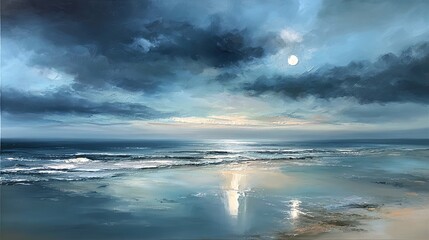 Tranquil moonlit beach with gentle waves and smooth reflective brushstrokes in calming oil painting style, capturing peaceful night seascape with serene ambiance and soft coastal light.

