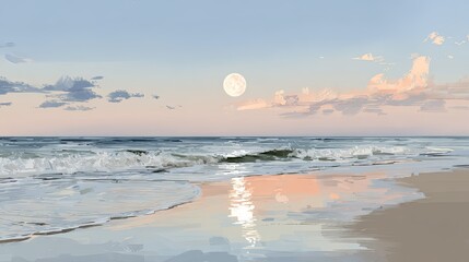 Tranquil moonlit beach with gentle waves and smooth reflective brushstrokes in calming oil painting style, capturing peaceful night seascape with serene ambiance and soft coastal light.

