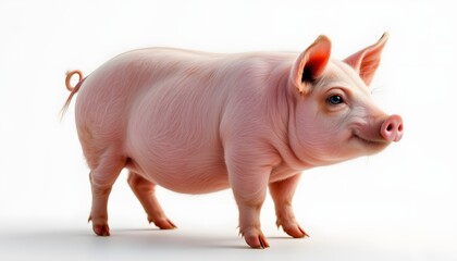 a rosy, plump pig, seen strictly from its left side in pristine daylight and isolated against an infinite white backdrop, exudes happiness, the radiant light