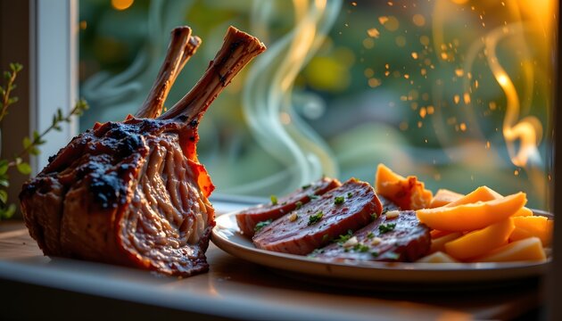 a symphony of sizzling organic lamb, perfectly grilled to reveal mouthwatering bar b q cutlets, rendered in an airy, pastel palette, captured in a close up
