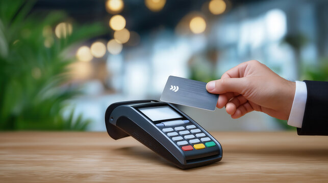 Hand taps credit card on wireless reader in clean modern store environment with blurred background. Concept of retail, finance, electronic payments, customer transactions