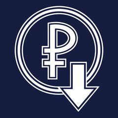 Obraz premium Russian ruble currency symbol with downward arrow indicating economic decline