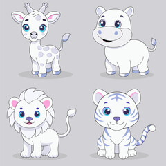 Charming collection of cartoon animal cubs in delicate blue and purple colors: tiger cub, giraffe cub, hippo, lion cub. Prints for children's clothes, stickers and decor for babies, design of developm