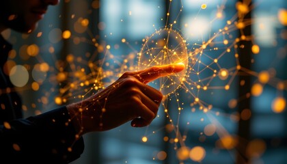 multi layered silhouette of a masculine hand manipulating a glowing, ethereal data interface superimposed upon it, sketching fluid, interconnected networks in gold