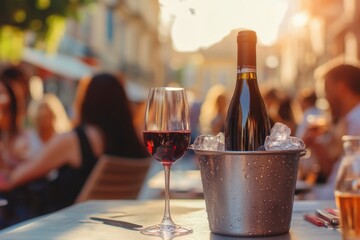 A bottle of red wine is placed on an ice bucket at the dining table, with people eating and drinking in blurred focus behind it Generative AI