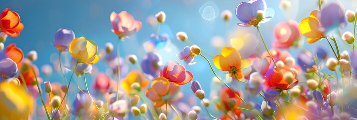 Bright colorful flowers against a blue background. Vibrant spring meadow with blooming floral composition and bokeh light.