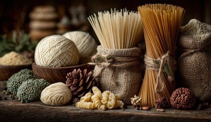 Rustic assortment of pasta and grains on wooden table.
