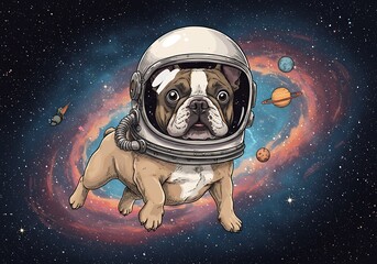 Bulldog in Space Suit Floating in Galaxy