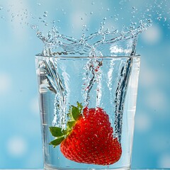 Strawberry Splashing in Clear Water Glass
