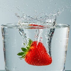 Red Strawberry Dropping into Water Glass
