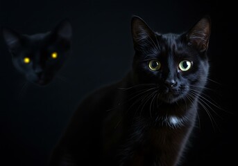Black Cat with Glowing Eyes in Dark Room