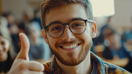 b. Male student smiling and giving thumbs up in university classroom